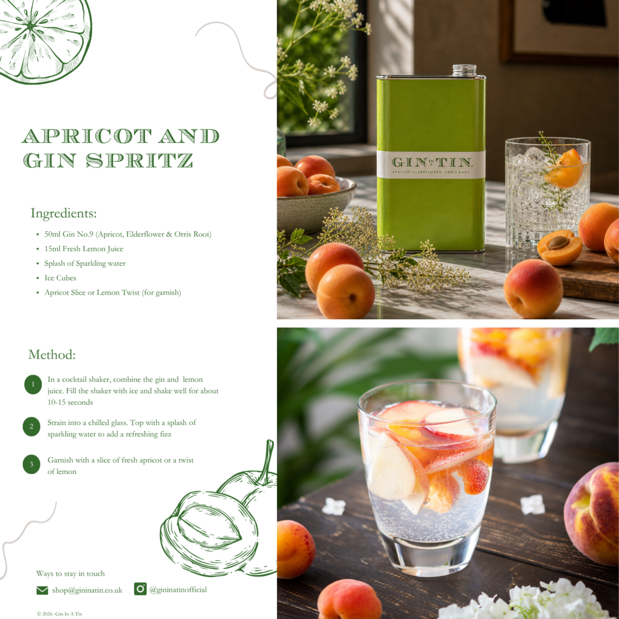 A cocktail image featuring 2026 Gin No. 9 London Dry gin from a 50cl tin, with apricot, elderflower and orris root, presented as a mixed drink