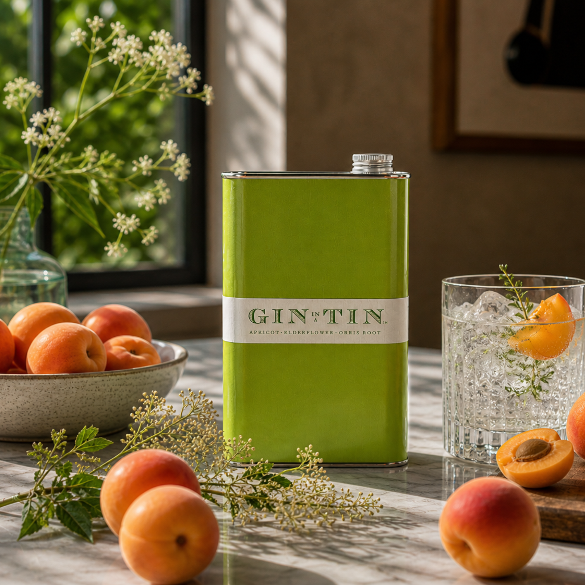 A 50cl tin of 2026 Gin No. 9 London Dry gin featuring apricot, elderflower and orris root, presented as a still life product image.