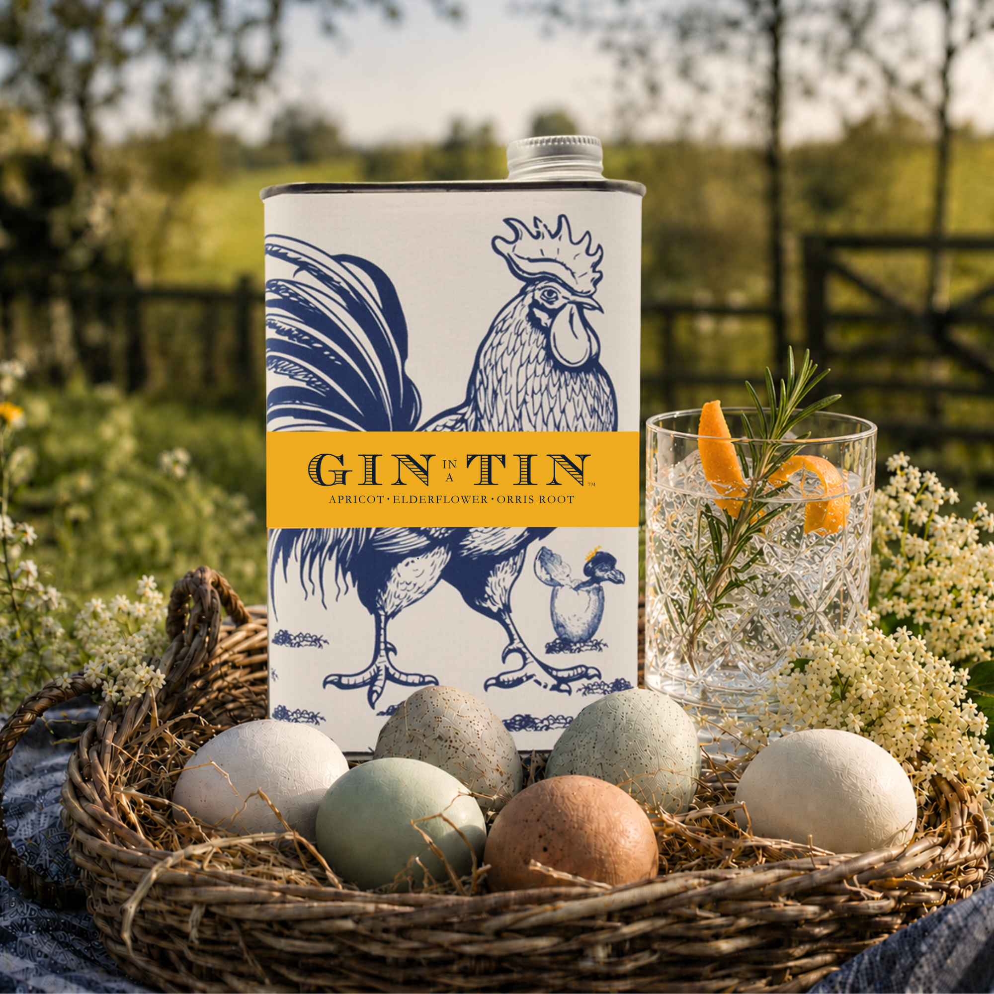 ©2026 Gin In A Tin - 50cl Tin - London Dry Apricot Gin -Cockerel Design - Still Life Image