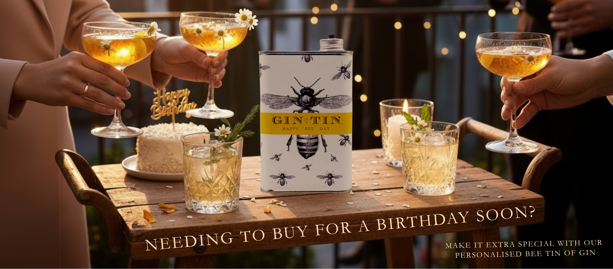 Gin In A Tin packaging with people holding glasses of gin and tonic on a wooden table.