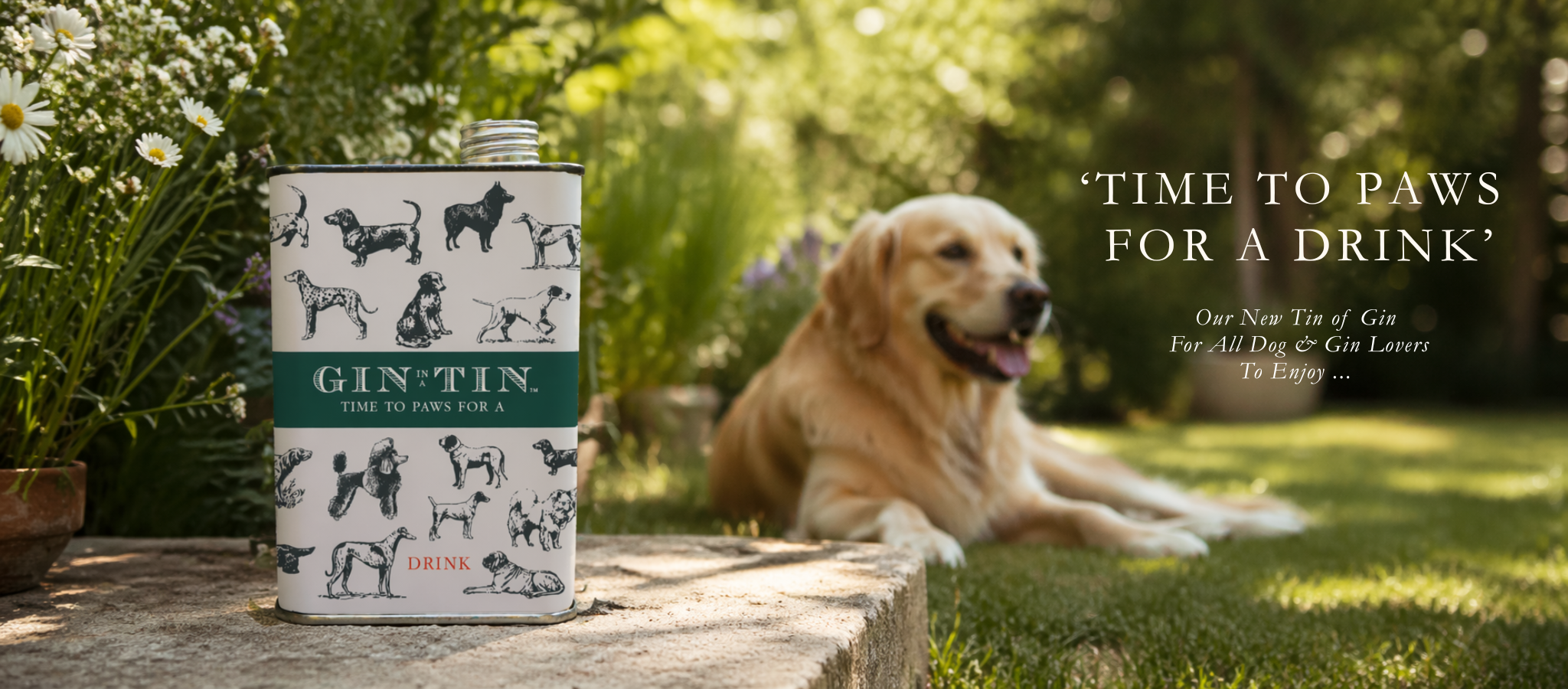 Gin bottle labelled 'Gin In A Tin' with a dog in a garden setting